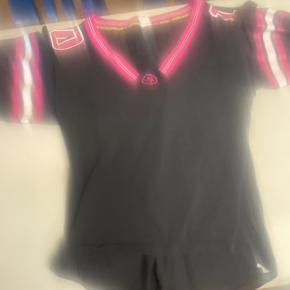 Zumba Fitness shirt.Black and Pink. Decorate buttons on back. Large. Very cute